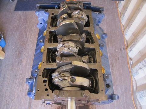 1996 Ford Bronco - Close-up view of a Ford V8 engine block, showing the crankshaft and connecting rods in place.