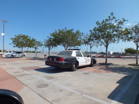 2003 Ford Crown Victoria - black-and-white police-style Crown Victoria sedan parked among trees in a wide paved plaza lot under blue sky.