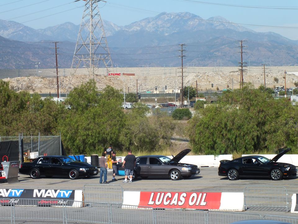 Black sedans and a Mustang with raised hoods behind a Lucas Oil banner, mountains behind