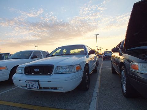 2003 Ford Crown Victoria - white Ford sedan is parked at an angle in a lot at sunset, flanked by other full-size sedans.