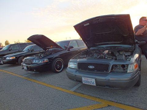 2003 Ford Crown Victoria - Two dark Ford sedans with raised hoods sit side by side in a parking lot at sunset, with a man standing at right.