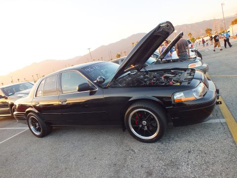 2003 Ford Crown Victoria - Side profile of a black full-size sedan with its hood raised at a sunset car-show parking lot.