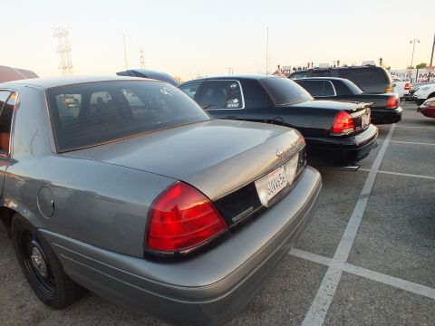 2003 Ford Crown Victoria - Rear three-quarter view of a gray full-size sedan among black sedans at a sunset parking lot.