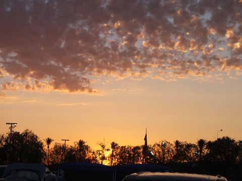 2003 Ford Crown Victoria - vivid orange-and-pink sunset glows over a parking lot, with silhouetted palm trees and a distant church spire on the horizon.