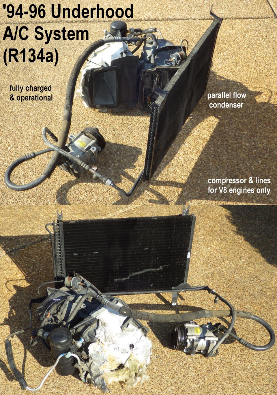 Complete automotive A/C system with condenser, compressor and lines on pavement