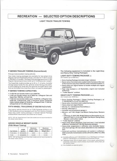 1979 Ford Bronco - Ford light-truck brochure page on F-Series trailer-towing packages, listing tow ratings up to 10,000 lb for F-350 and SuperCab storage and…