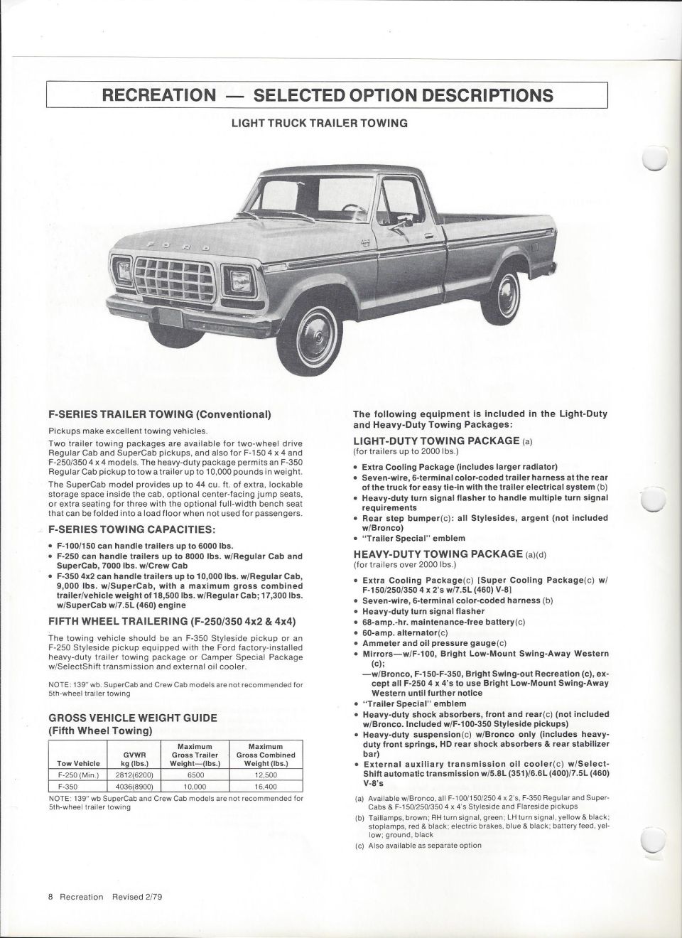 Ford F-Series trailer towing capacities brochure: F-100/150 6000 lb, F-250 8000 lb, F-350 to 10,000 lb