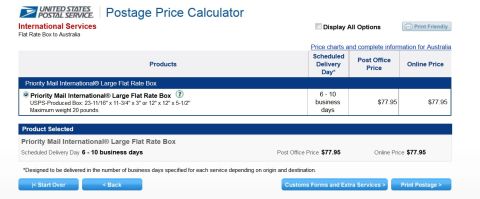 1994 Ford Bronco - USPS postage price calculator web page screenshot showing Priority Mail International flat rate box pricing.