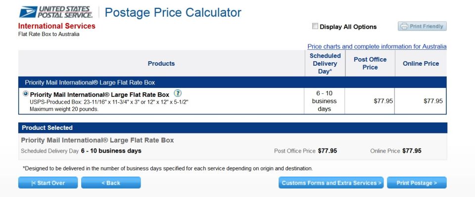 USPS postage price calculator screenshot for an international flat rate box to Australia