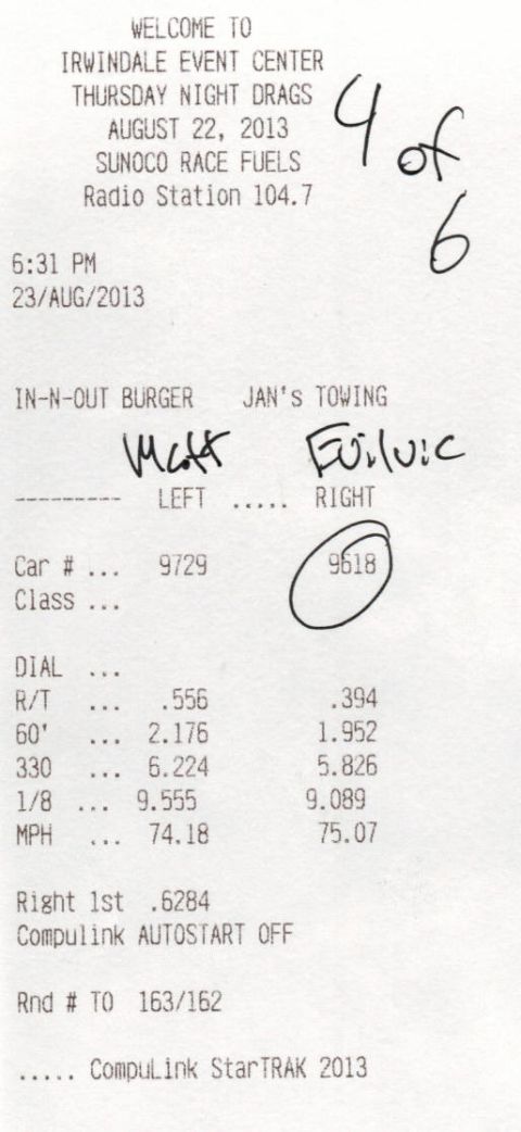2003 Ford Crown Victoria - Drag-strip timeslip receipt from Irwindale Thursday Night Drags showing reaction time and elapsed times, not a vehicle technical document.