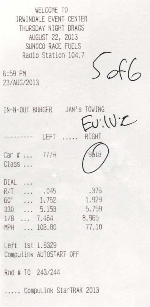2003 Ford Crown Victoria - Drag-strip timeslip receipt from Irwindale Thursday Night Drags showing reaction time and elapsed times, not a vehicle technical document.