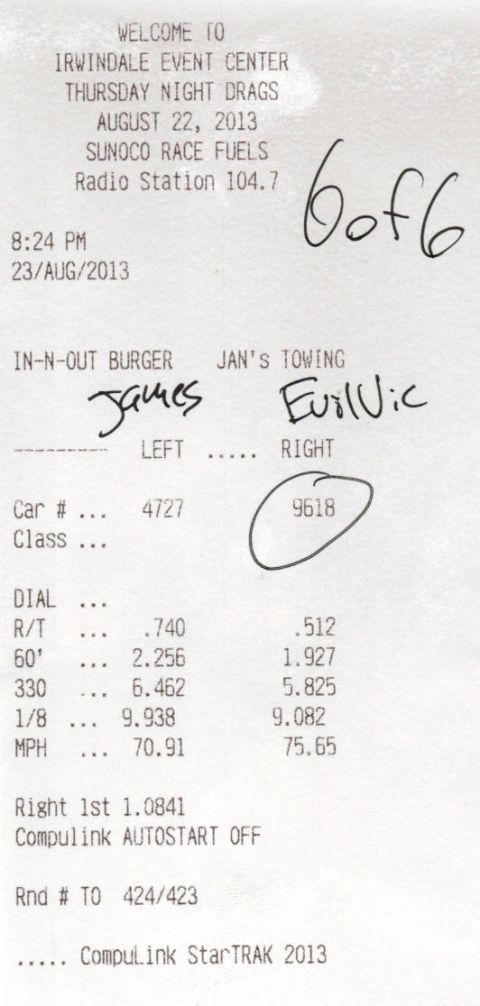 2003 Ford Crown Victoria - Drag-strip timeslip receipt from Irwindale Thursday Night Drags showing reaction time and elapsed times, not a vehicle technical document.