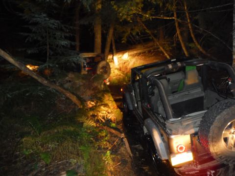 2005 Jeep Wrangler - A black Jeep Wrangler navigates a dark, wooded trail, with another vehicle partially visible behind a fallen tree.