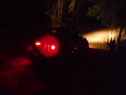 2005 Jeep Wrangler - The rear of a vehicle is visible at night, with its red taillights glowing in the darkness.
