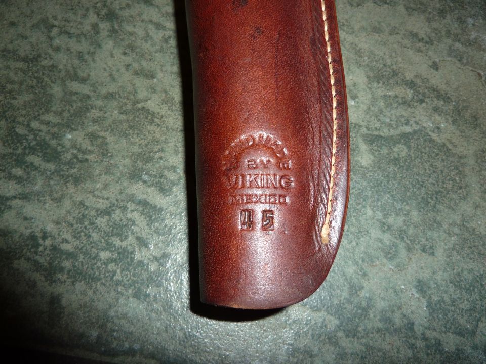 Leather knife sheath with "BY VIKING MEXICO 45" stamped on it