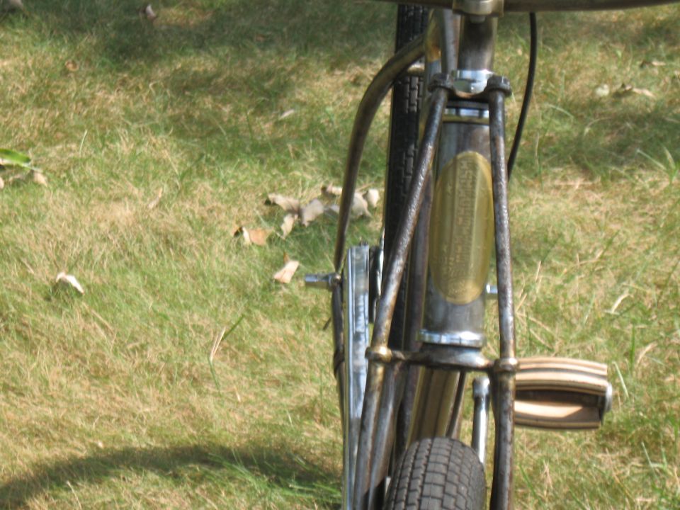 Bicycle front fork with a golden oval badge and a pedal
