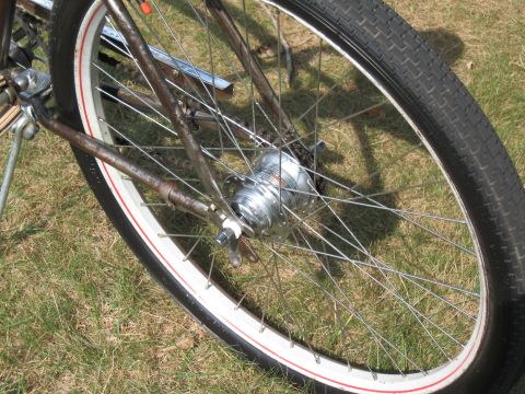 close-up of a bicycle's rear wheel with a shiny hub and spokes, set against a grassy background