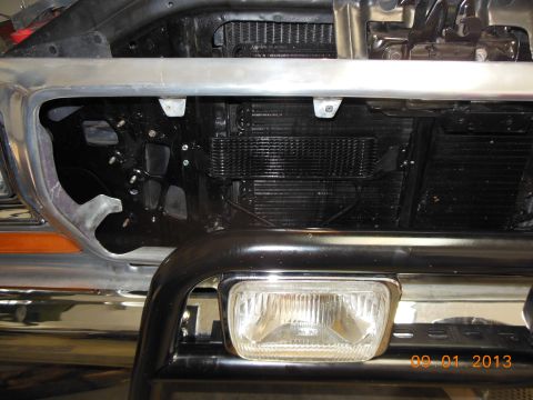 1979 Ford F-150 - Transmission cooler installed in front of the radiator, with a date stamp of 09 01 2013.