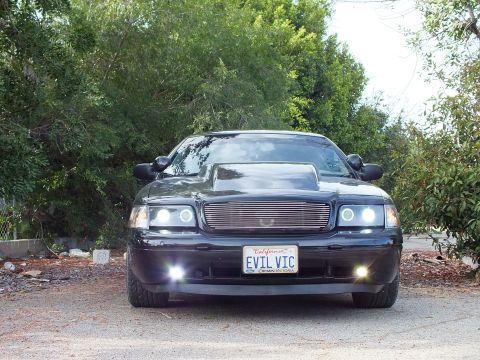 2003 Ford Crown Victoria - Head-on view of a black Ford Crown Victoria with halo headlights, billet grille and EVIL VIC plate, parked among trees.