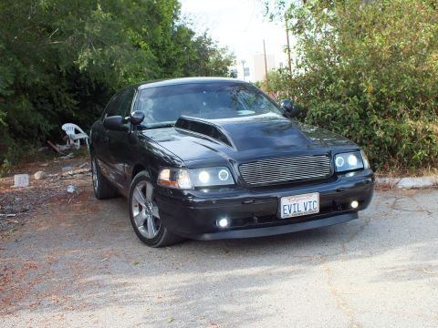 2003 Ford Crown Victoria - Front three-quarter shot of a black Ford Crown Victoria with cowl hood, chrome wheels and EVIL VIC plate parked by brush.