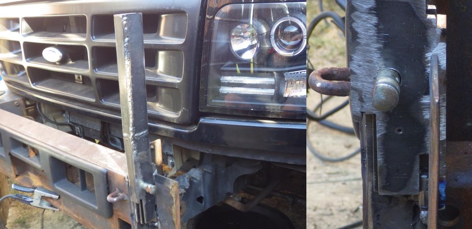 The uprights for the grille guard are fabricated from 1/4" plate, and include internal latches for the folding mechanism.  The pins will be hidden inside the bumper, but easy to access if I want to remove the grille guard (without any tools).
IF THE IMAGE IS TOO SMALL, click it.