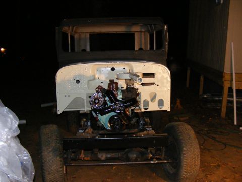 1978 Ford Bronco chassis with engine installed, viewed from front
