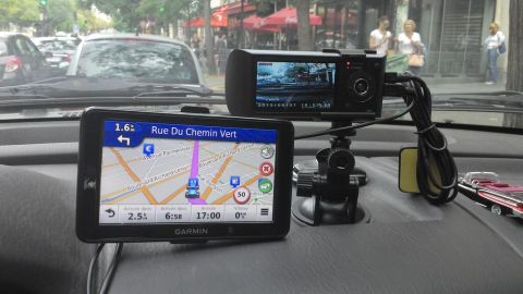 1991 Ford LTD Crown Victoria - Dashboard view shows a Garmin GPS navigation system and a dashcam mounted on the windshield.