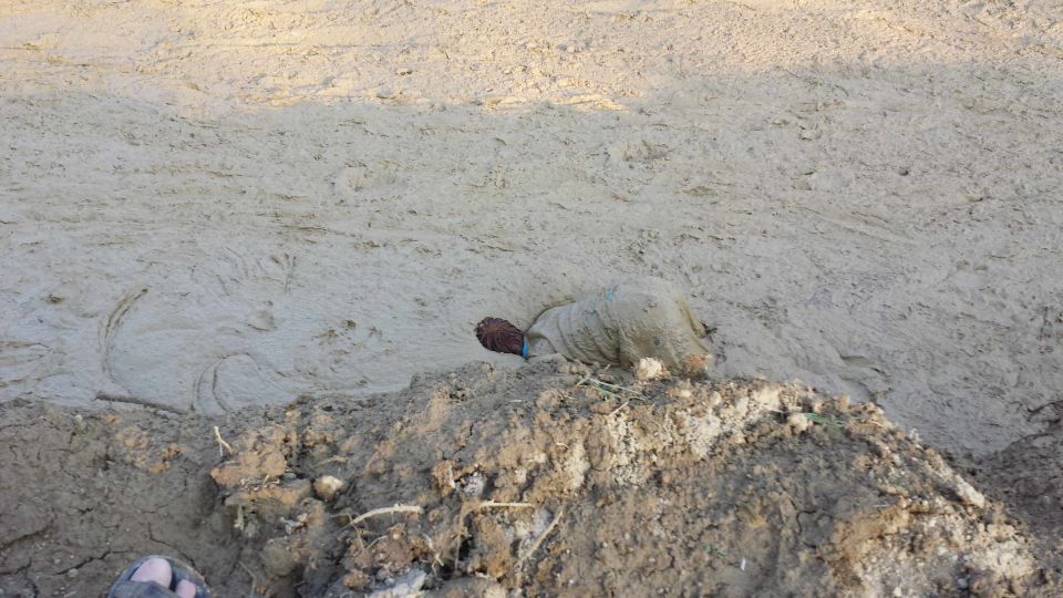 vehicle stuck deep in mud, only top is visible