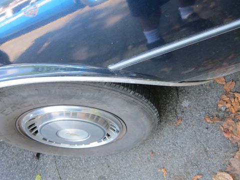 2001 Ford Crown Victoria - Close-up view of the rear wheel and lower body panel of a dark blue vehicle.