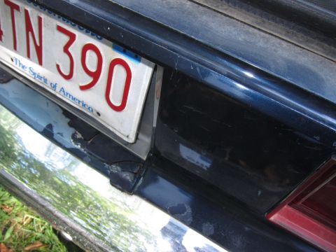 2001 Ford Crown Victoria - Close-up of a license plate on the rear bumper of a dark blue vehicle.