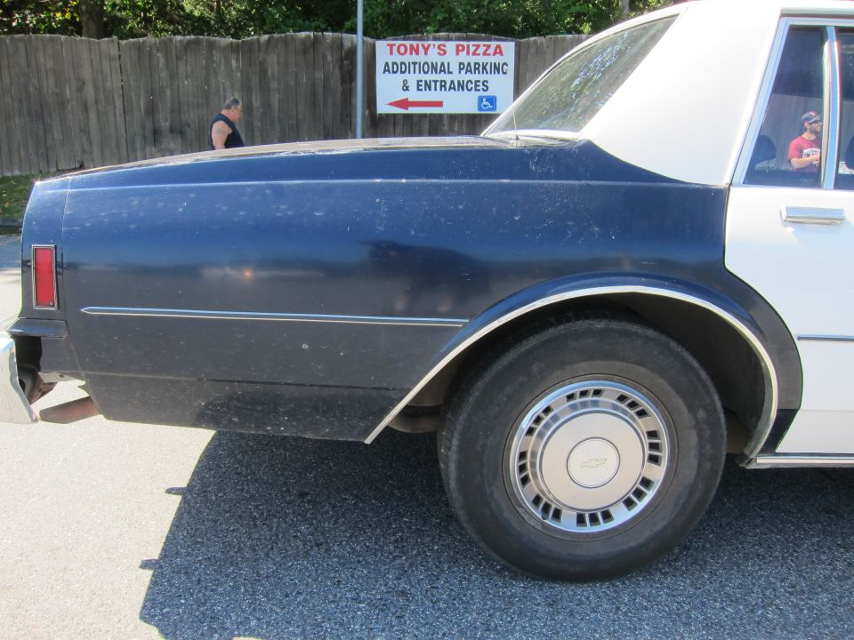Rear quarter panel of a dark blue and white police car, showing the rear wheel and a sign for Tony's Pizza