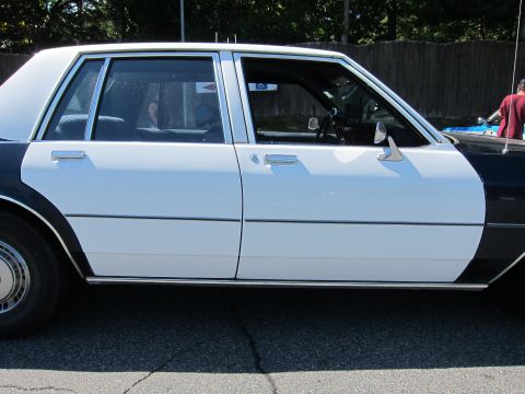 2001 Ford Crown Victoria - Side view of a two-tone police car with chrome trim and visible interior.