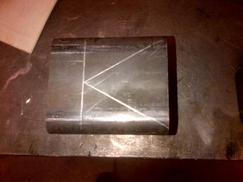 1985 Jeep CJ7 - Metal part marked with scribe lines for fabrication.