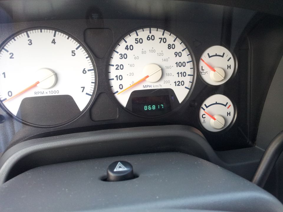 Dashboard of a Dodge 1500 with speedometer, odometer, oil level, and temperature gauges.