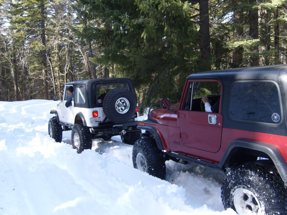 Two Jeep CJ-series vehicles navigate a snowy forest road