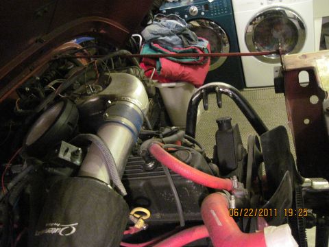 1985 Jeep CJ7 - The engine bay features a custom intake system and bright red hoses, with a date stamp of June 22, 2011.