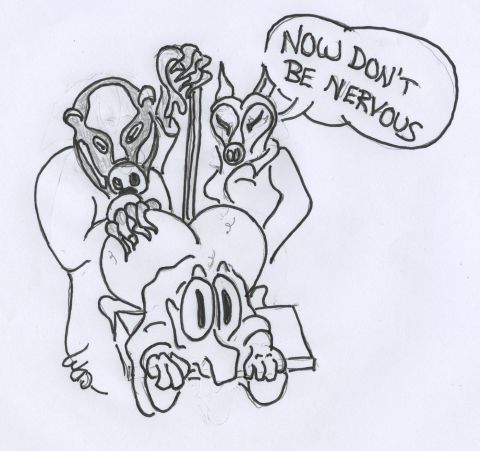 1975 Ford Ranchero - A humorous cartoon depicts a tense situation with masked figures and a worried creature, accompanied by text.
