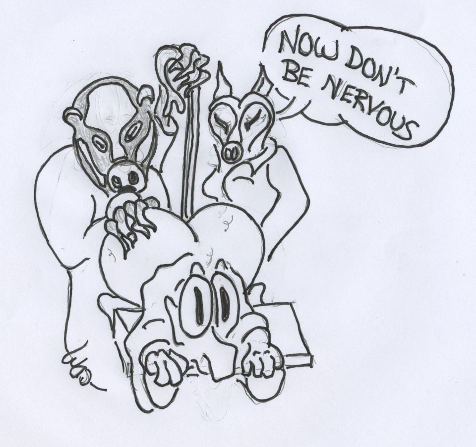 Cartoon drawing of two masked figures holding a distressed, bug-eyed creature. Speech bubble says 'NOW DON'T BE NERVOUS'. Supermotors.net logo at bottom right