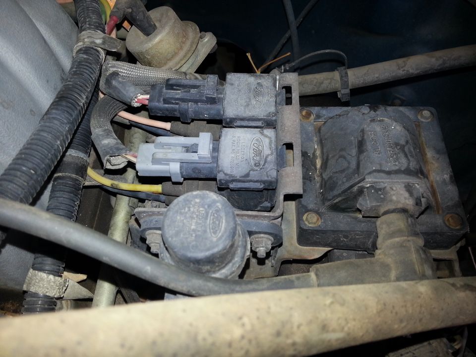 Close-up of Ford ignition coil pack with visible Ford logos and wiring harnesses