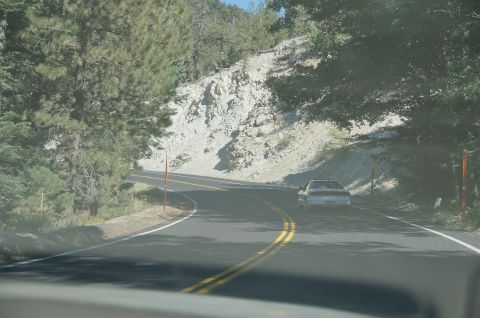 1995 Ford Taurus - A silver sedan navigates a curve on a mountain road, with trees and a rocky incline visible.
