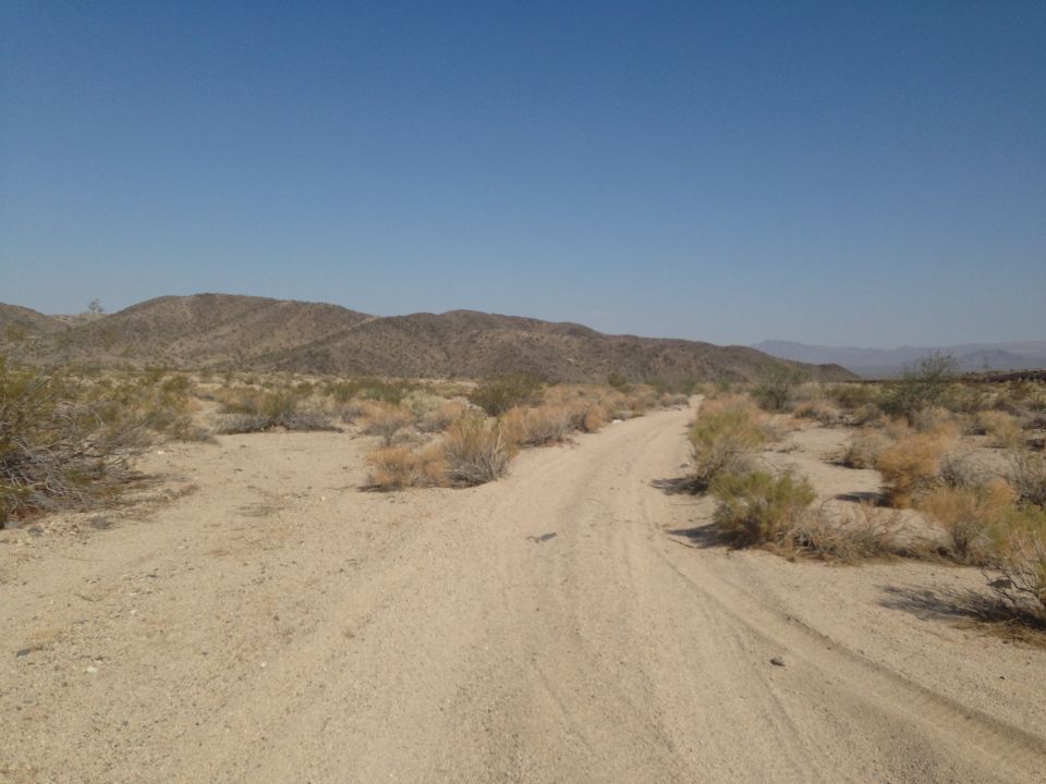 Desert landscape with a dirt road winding through scrub brush under a clear blue sky