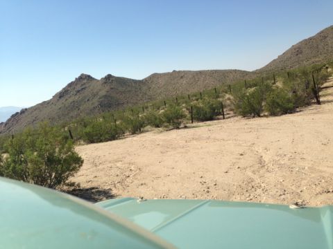 1986 Ford Bronco - Desert landscape with mountains and scrub brush, viewed from a vehicle.