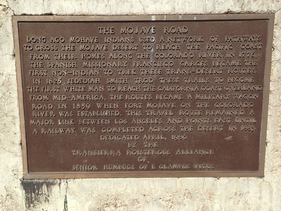 Bronze plaque detailing the history of the Mojave Road, dedicated April 1986