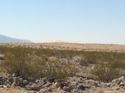 1986 Ford Bronco - A vast desert scene unfolds with sparse vegetation and rocky terrain leading to rolling sand dunes on the horizon.