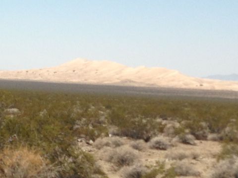1986 Ford Bronco - A distant vehicle traverses a desert landscape with scrub brush and sand dunes under a clear sky.