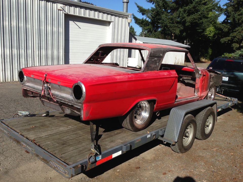 1964 Ford Fairlane body, red, 3q-front view, on trailer