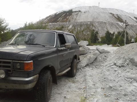 1987 Ford Bronco - This 1987 Ford Bronco is parked on a dirt road with a large white mountain in the background.