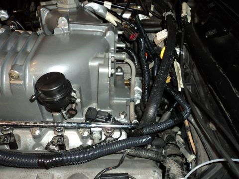 2004 Mercury Grand Marquis - Close-up view of engine components, including a supercharger and various hoses and wiring.