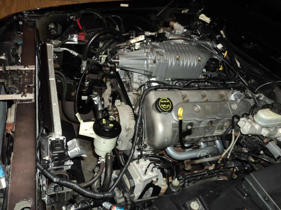 Engine bay with supercharger, V8 engine, radiator, and power steering reservoir. Supermotors.net watermark visible