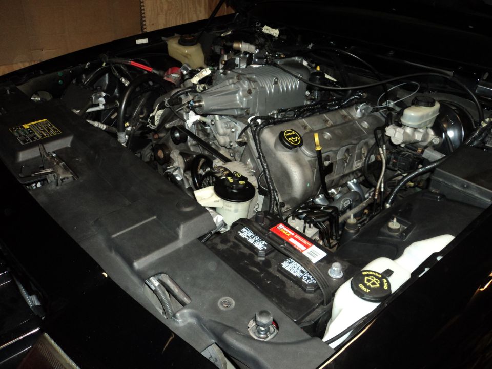Engine bay with a silver supercharger, black plastic covers, and a car battery